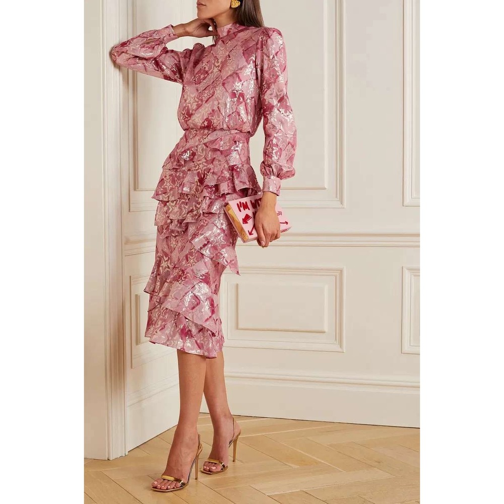Saloni Isa Ruffle Dress Pink Gold Star Silk Jacquard Metallic‎ Womens Size 2